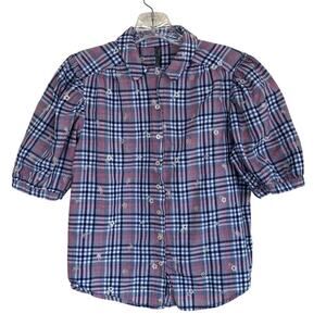Anthropologie Cottagecore Plaid Floral Embroidered Puff Sleeve Button Down Shirt